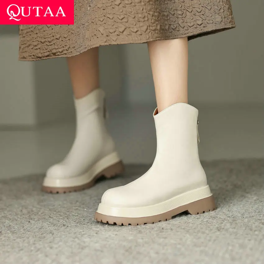 

QUTAA 2023 Vintage Women Ankle Boots Autumn Winter Female Office Round Toe Med Heels Genuine Leather Shoes Woman Size 34-42