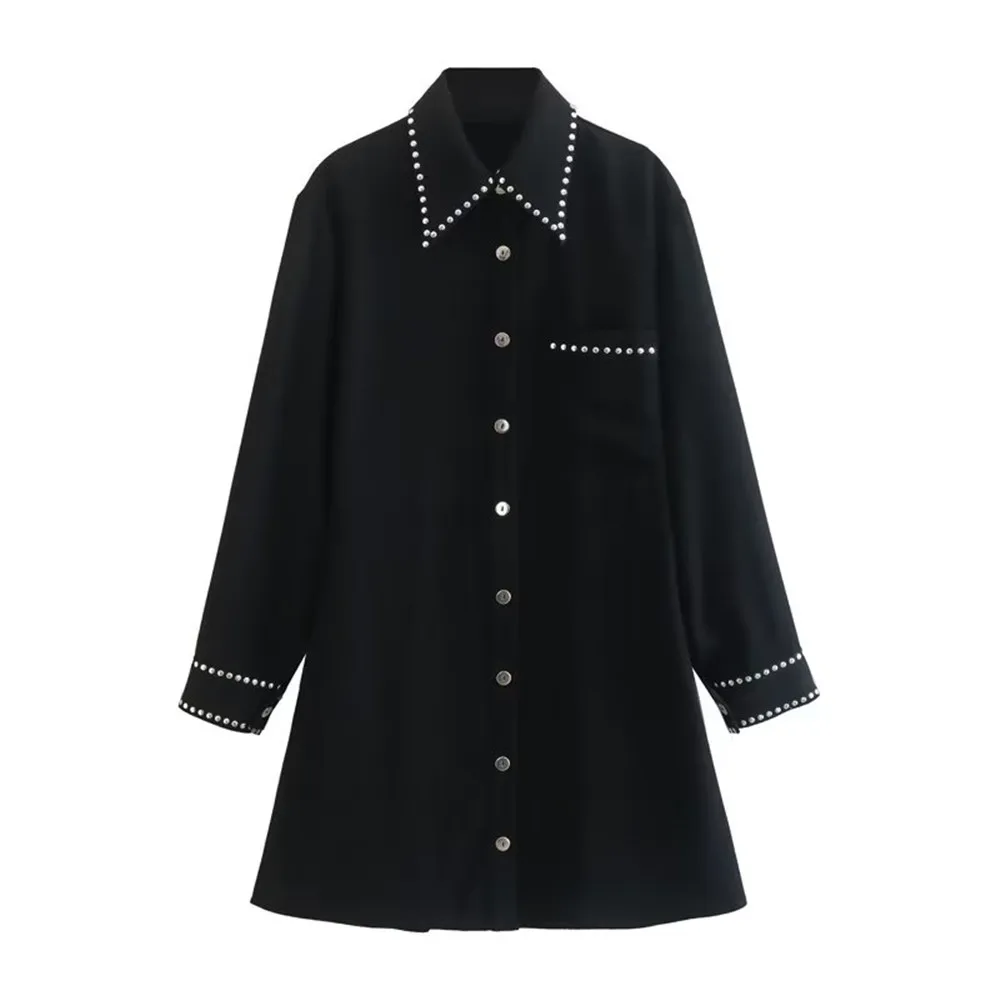 

PB&ZA autumn and winter new women's temperament commuter black lapel long-sleeved rivet-trimmed shirt dress 9878/194