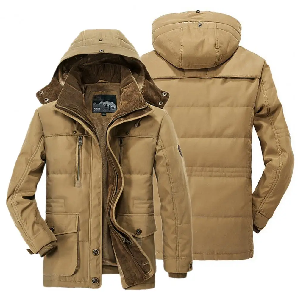 50%HOTMen Parkas Solid Color Faux Fur Liner Winter Thicken Detachable Hood Middle-aged Coat for Daily Wear