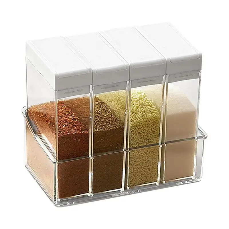 

4 Pieces Portable Condiment Jars With Tray Clear Seasoning Box Clear Spice Shaker Containers For Pepper Salt Sugar Allspice