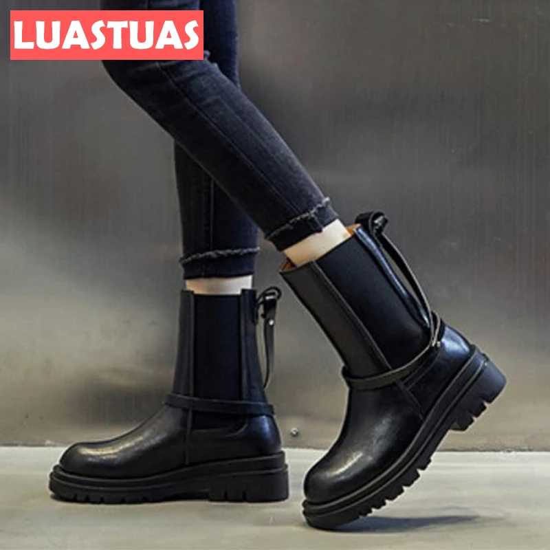 

LuasTuas New Women Ankle Boots Real Leather Chunky Winter Woman Shoes Fashion Cool Club Boots Daily Footwear Size 35-40