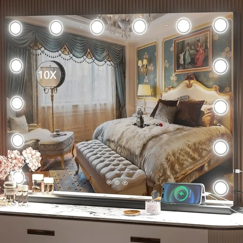 

" Makeup Mirror, Light up Mirror with 14 Dimmable LED Lights and 10X Magnification, USB Charging Port, Black dresser