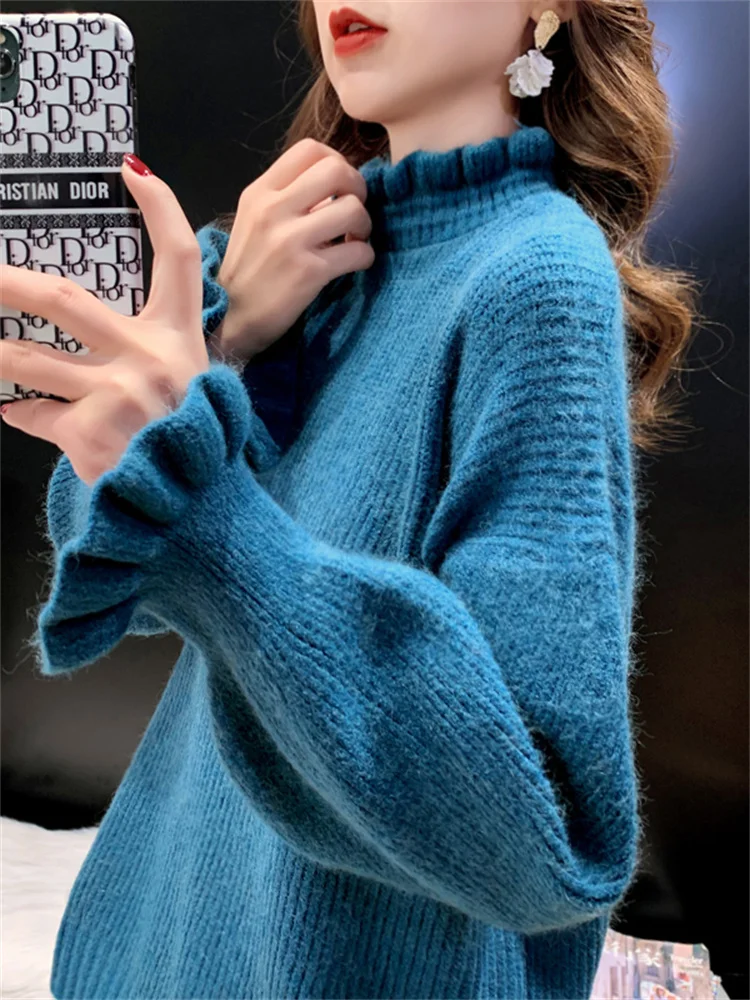 

Hsa Sweater Women's Turtleneck Lace Ruffle Pullover Women's Flare Sleeve Top Solid Color Knitwear Trending Sweater Warm Jumper