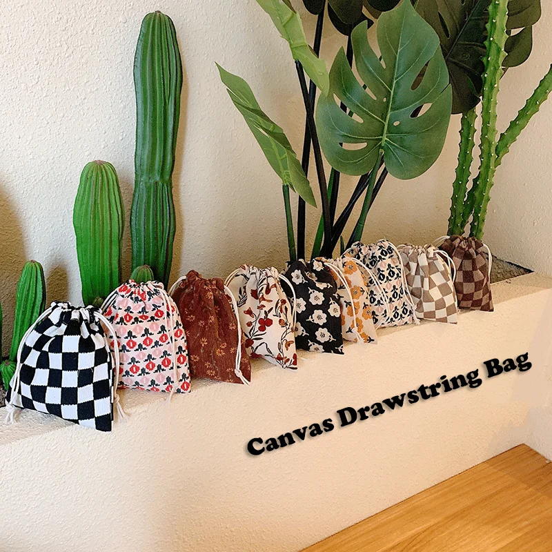 

Small Drawstring Bag Retro Style Floral Plaid Print Storage Handbag Coins Keys Jewelry Pouches Organizer Cosmetic Packing Bags