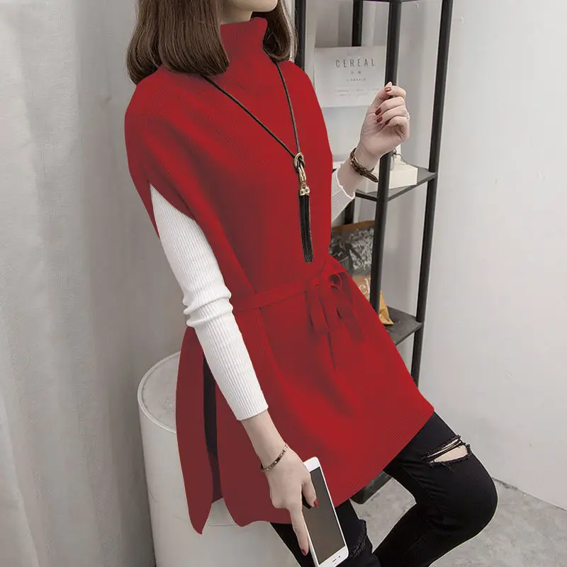 

Women's Turtleneck Sweater Vest Pullover Winter Knitted Dress Loose Waistcoat Women Loose Dress Female Tops Sweater Vest X115