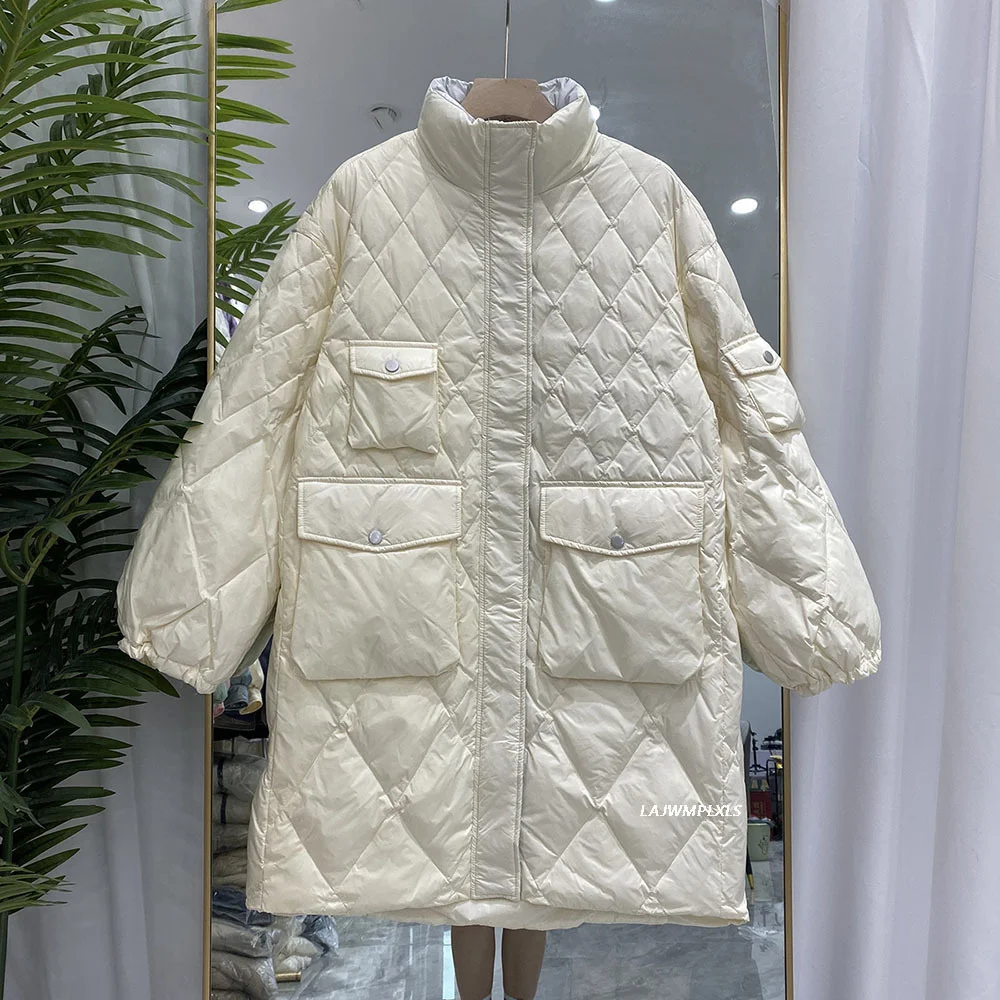 Casual Women Winter Multi-pocket Plaid Down Jacket 2023 Mid-Length New Stand-Up Collar Loose White Duck Warmth Ladies Parka Coat