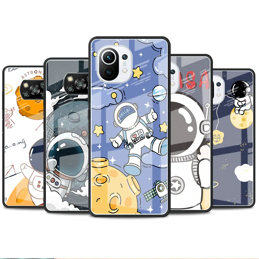 

Cute Star Astronaut Glass Case For Xiaomi Poco X3 NFC 11 Lite 11T F3 M3 For Redmi Note 11 10 9 8 Pro 10S 9S 9A 9C Phone Cover