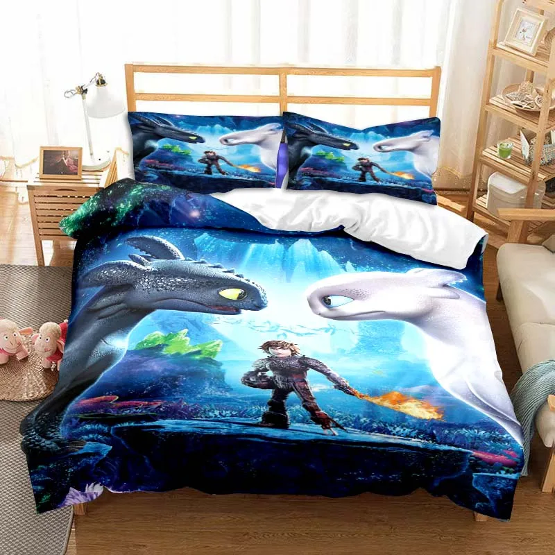 

How To Train Your Dragon Cartoon Print Three Piece Bed Set Cover Sheet Pillow Case Dormitory Bedroom Decoration More Styles