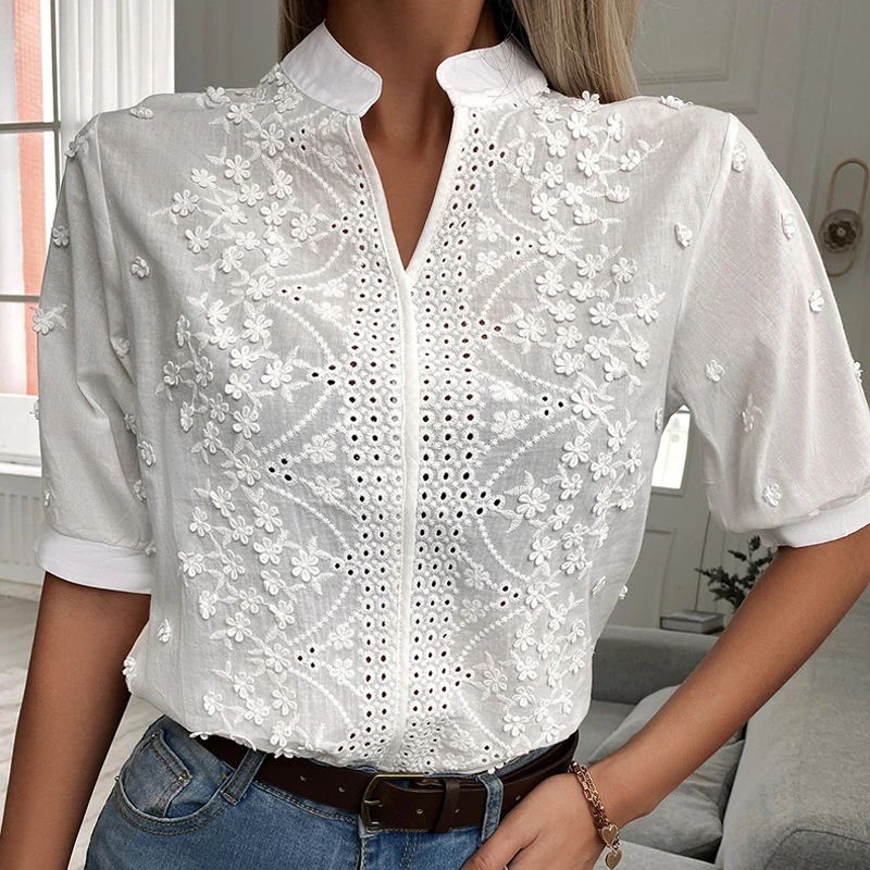 

Elegant Summer Lace Blouse Women Floral Embroidery Hollow-out Stand Collar Shirt V Neck Casual Short Sleeve Cotton Tops 24350