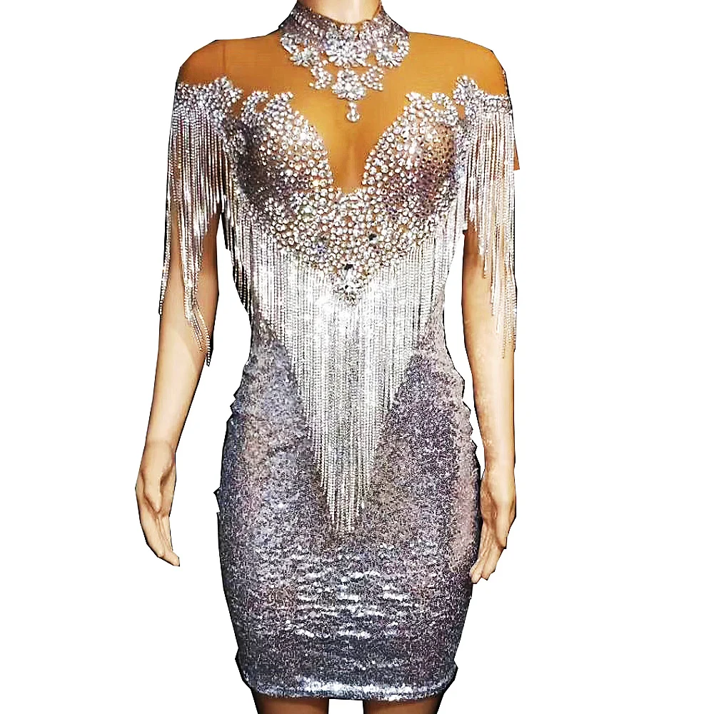 

Shining Silver Rhinestones Tassel Sequins Sexy Women Dress Latin Jazz Dance Stage Costume Nightclub Party Evening Clothing