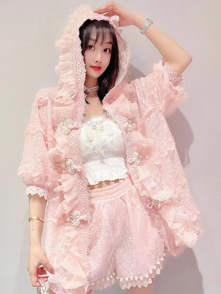 

French minority heavy industry beading hooded lace sunscreen shirt female summer new style high waist shorts fashion suit
