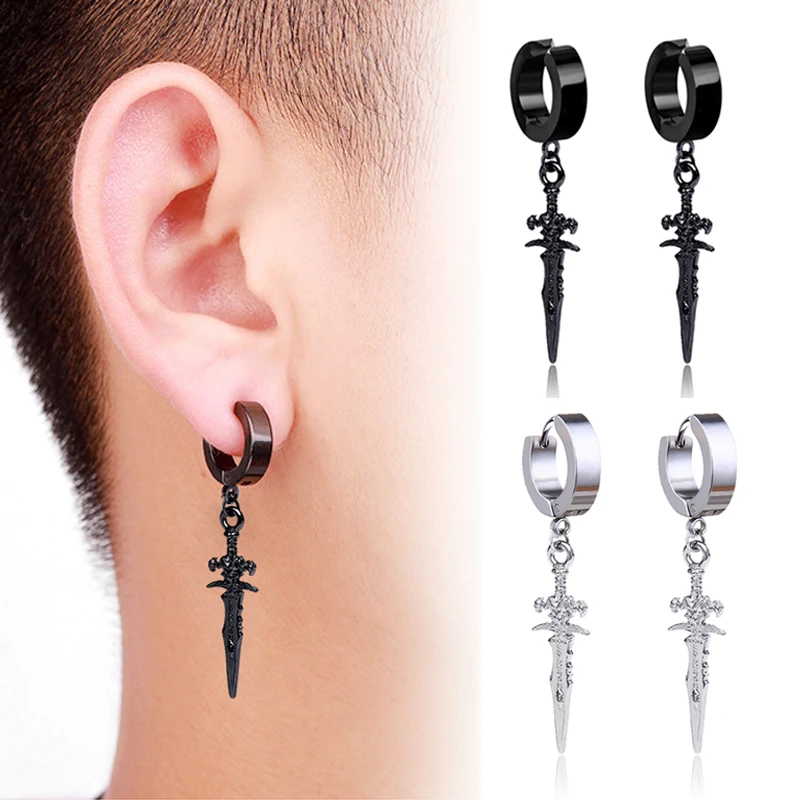 1 Pairs Stainless Steel Painless Ear Clip Earrings for Men Women Punk Sword Cross Black Non Piercing Fake Earrings Jewelry Gifts