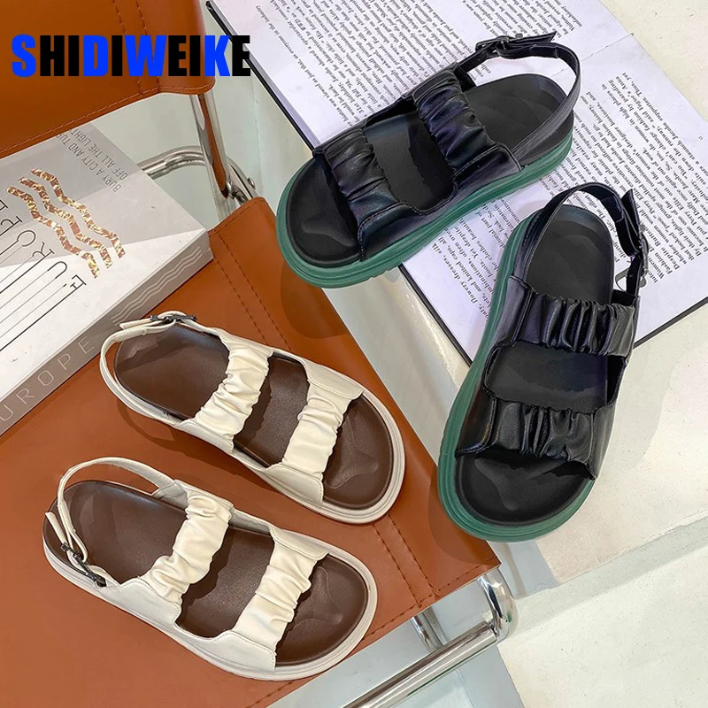 

Черно-белая Студенческая обувь на застежке-липучке; Женская плиссированная обувь на плоской подошве; Пляжные сандалии на платформе для дев...