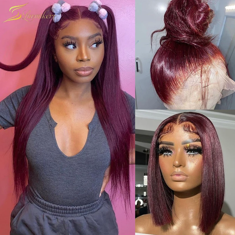 

99j Colored Burgundy Red Lace Front Wig For Women Short Straight Pixie Cut Bob HD Lace Frontal Wig Preplucked Human Hair Full