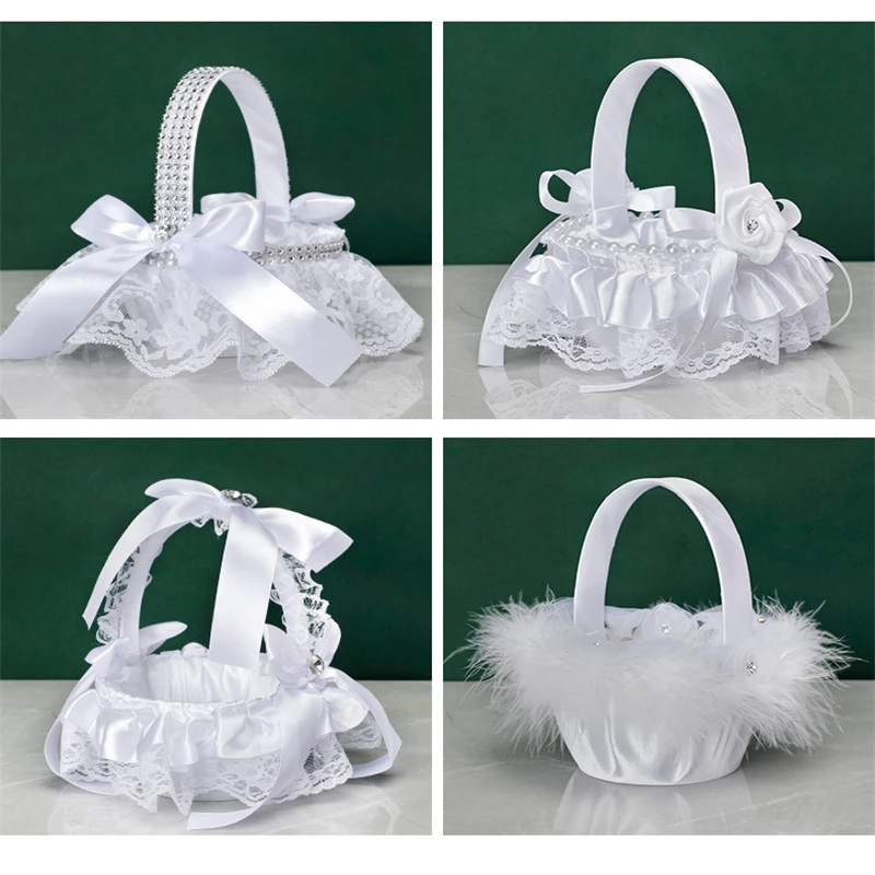 

Wedding Flower Basket Flower Girl Basket Lace Pearl Romantic White Rhinestone Decoration to Wedding Ceremony Party Basket