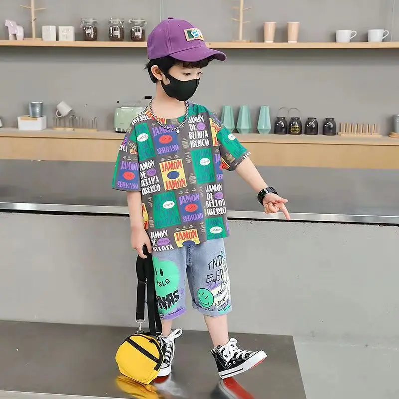 Boys Summer Clothes New Big Boys Sports Cartoon Boys Two-piece Middle And Small Childrens Fashion Sports Short Sleeve