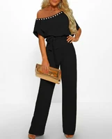 beaded decor cold shoulder belted jumpsuit women summer 2022 new fashion black casual jumpsuits with belt
