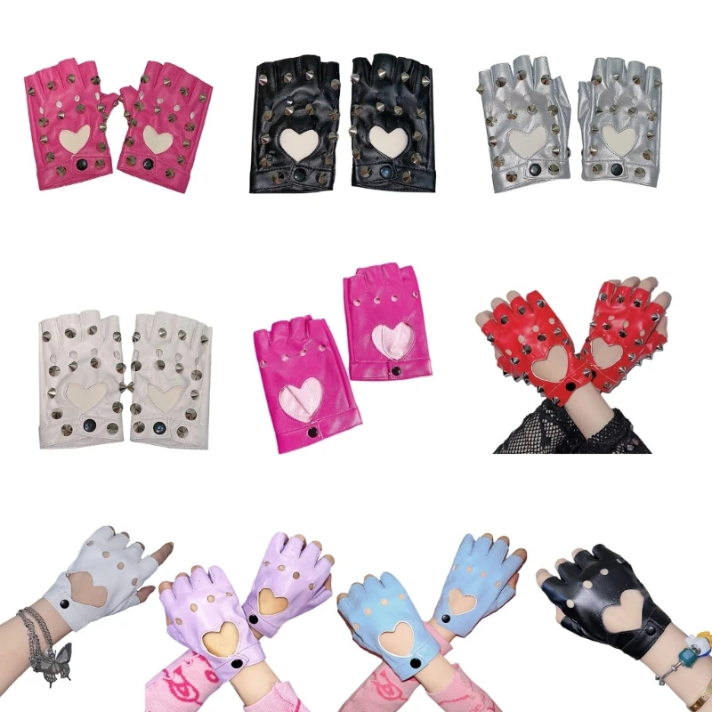 

Punk Style Rivet Studded Half Finger Gloves for Women PULeather Performances Gloves for Dance Motorcycle Riding Gloves Dropship