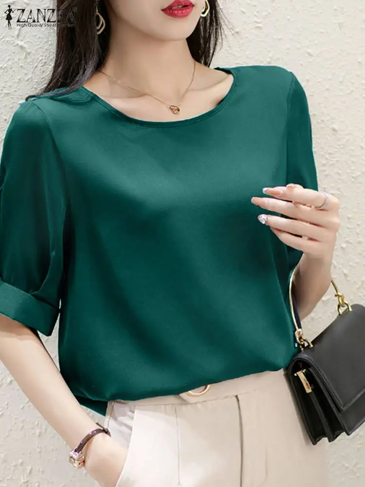 

Коллекция 2023 года, Женские однотонные топы ZANZEA, новая модная атласная блузка, летняя повседневная элегантная рубашка с рукавом до локтя, Женская винтажная Рабочая блузка