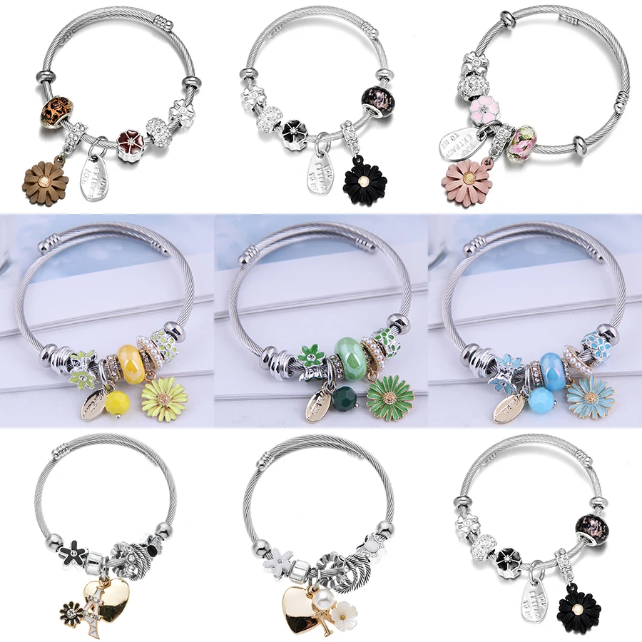 Stainless Steel Bracelets Daisy Hollow Heart Cat Letter Pendant Beads Bracelet Jewelry Making Accessories Women Girl Gifts