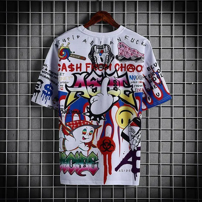 

Fashion Men Graffiti T-shirt Summer Hip Hop Casual Graphic T Shirts O-Neck Cotton Comfortable Men Clothing 2 Styles Short Sleeve