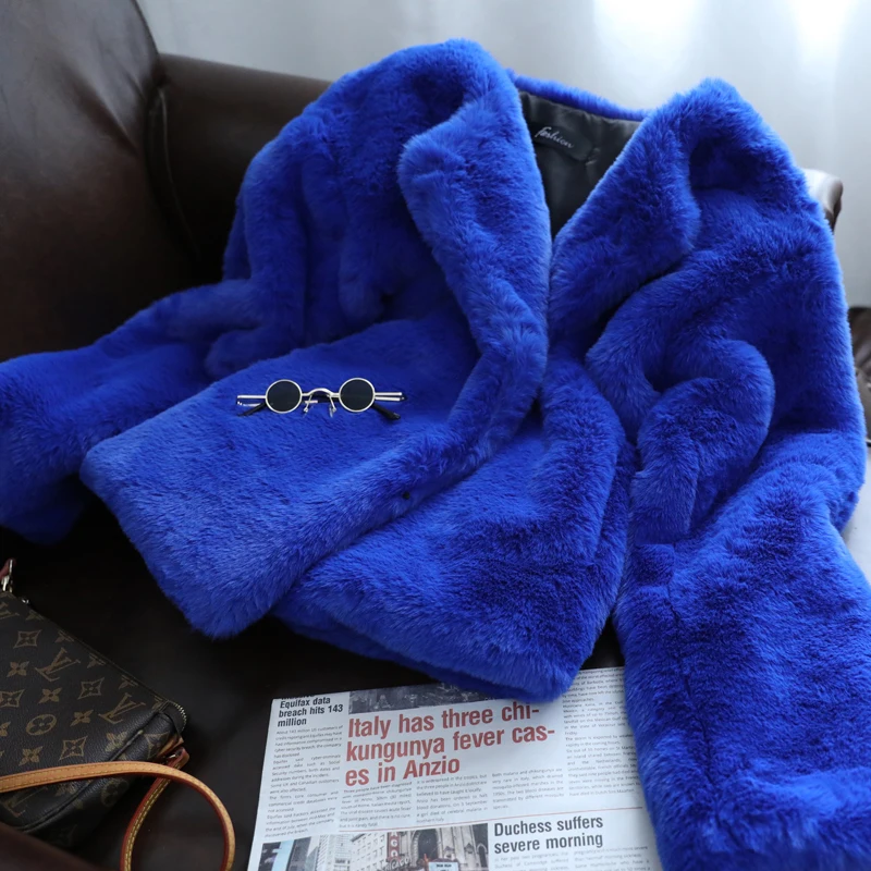 Long Sleeve Fur Coat New Women's Fashion Blue Environmental Protection Rex Rabbit Fur Short Coat Winter Faux Fur Jacket