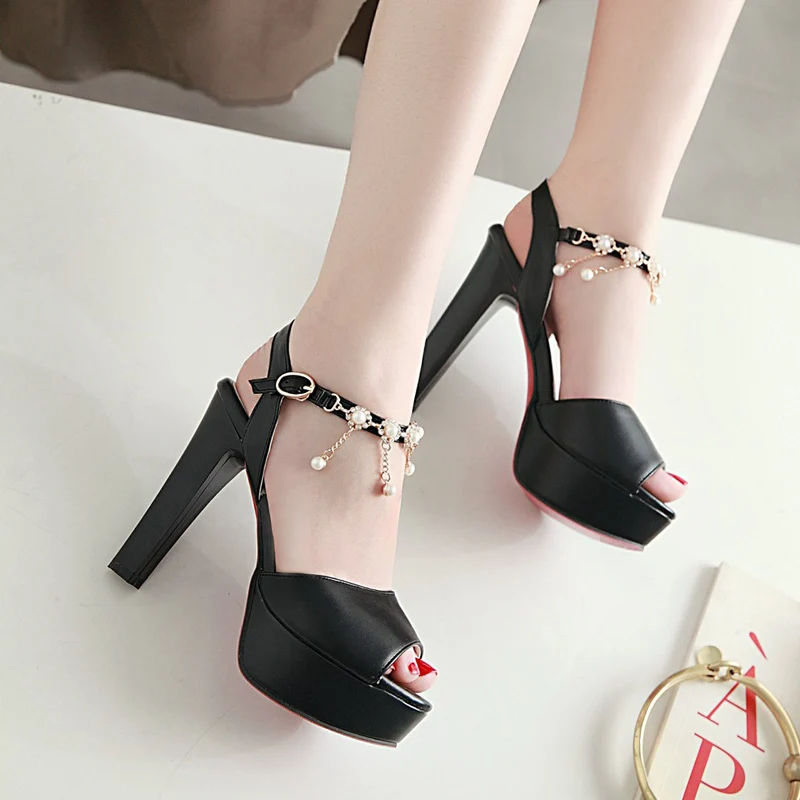 

Summer Women Shoes Classic White Pearl Chain Pumps Peep toe High Heel Ladys Platform Sandals Evening Dress Wedding Shoes Femal