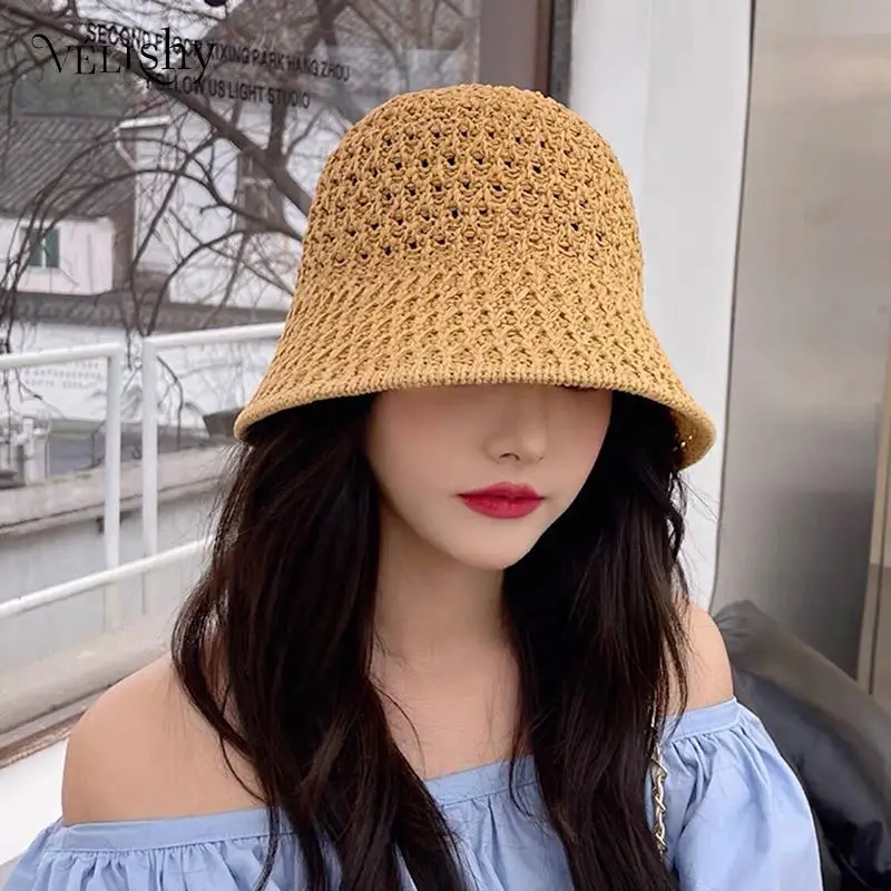 

Handmade Crochet Floppy Top Summer Hats Collapsible Dome Bucket Hat Hollow Out Solid Color Beach Caps Simplicity Soft Women Hat