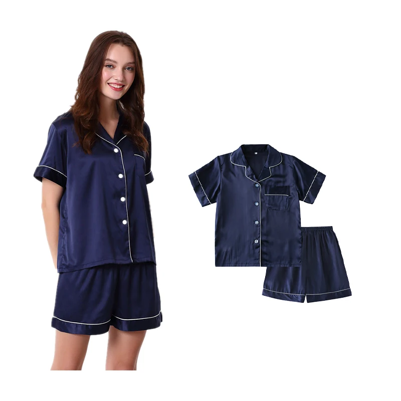 Short Sleeve with Shorts Women Summer Sleepwear Satin Silk Pajamas Set