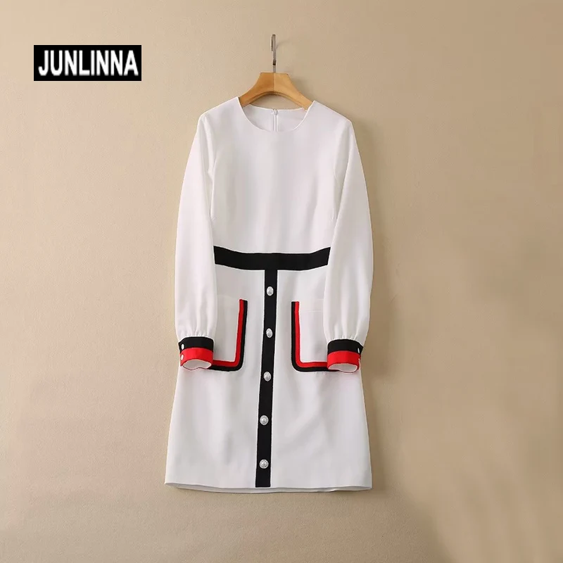 

JUNLINNA Spring Autumn Women Dress Runway Fashion Button and Porkets Decoration Vestidos Party Holiday Elegant