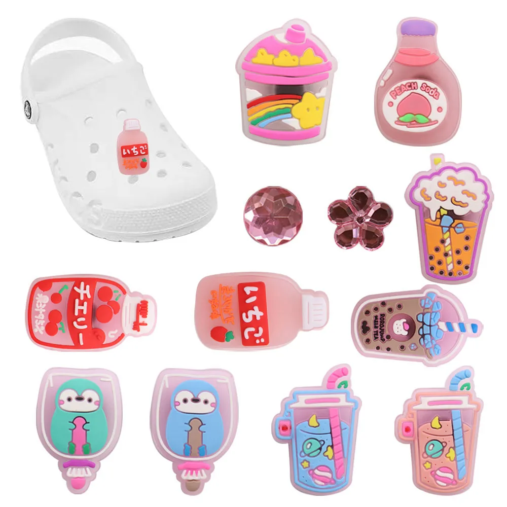 

1-12Pcs PVC Shoe Charms Kawaii Drink Lollipop Dount Flower Heart Accessories Buckle Clog Sandal Decorations Wristbands Croc Jibz