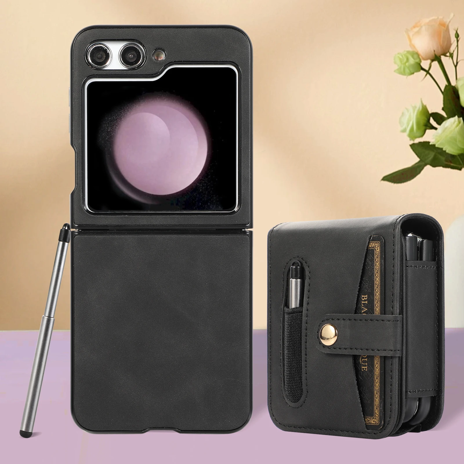

2 in 1 Wallet Bag Card Package Capacitance Pen Phone Case Samsung Galaxy Z Flip 5 Flip5 PU Leather Shockproof Hard Shell Cover