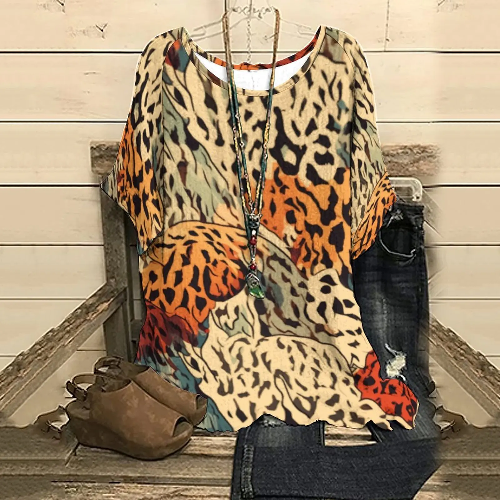 

New Summer Daily Tops Women's Half Sleeve Top Tee Animal Print Goth T-Shirt Streetwear