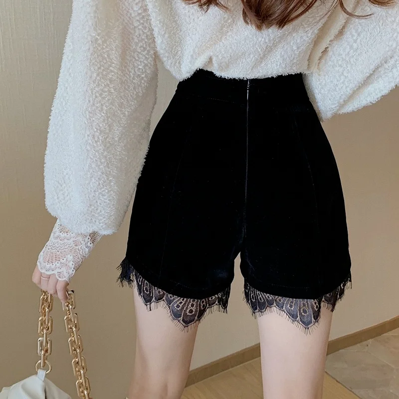 Woman Fashion Sexy High-waist Lace Stitching Shorts Female Straight-leg Shorts Gold Velvet Adjustable Slim Boot Shorts Clothing