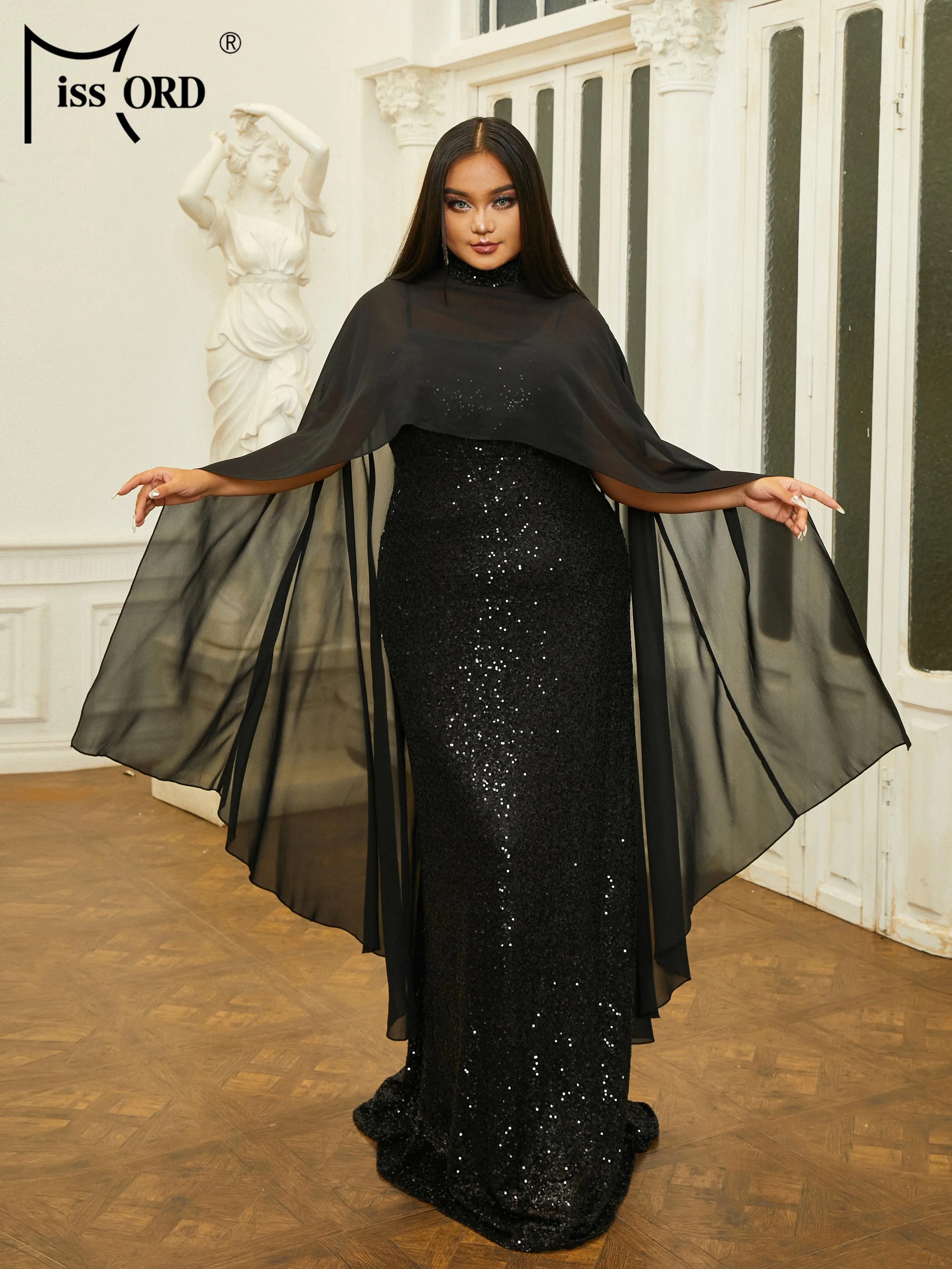 Missord новинка блестящее вечернее платье с высоким воротником и рукавом-накидкой