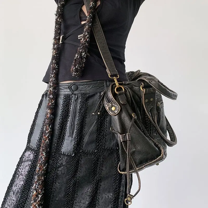 MBTI Black Washed Tote Bags for Women Vintage Distressed Soft Pu Leather Motorcycle Shoulder Bag Large Capacity Female Handbag