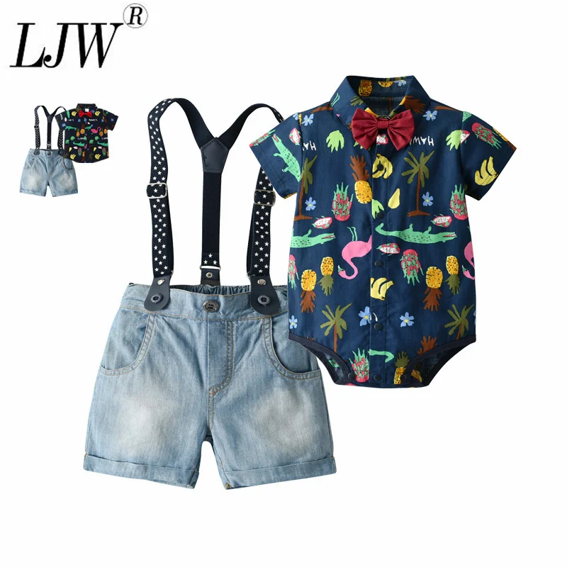 

Newborn overalls printed romper summer shirt denim overalls short-sleeved 2-piece boy gentleman short-sleeved suit 0-5 years old