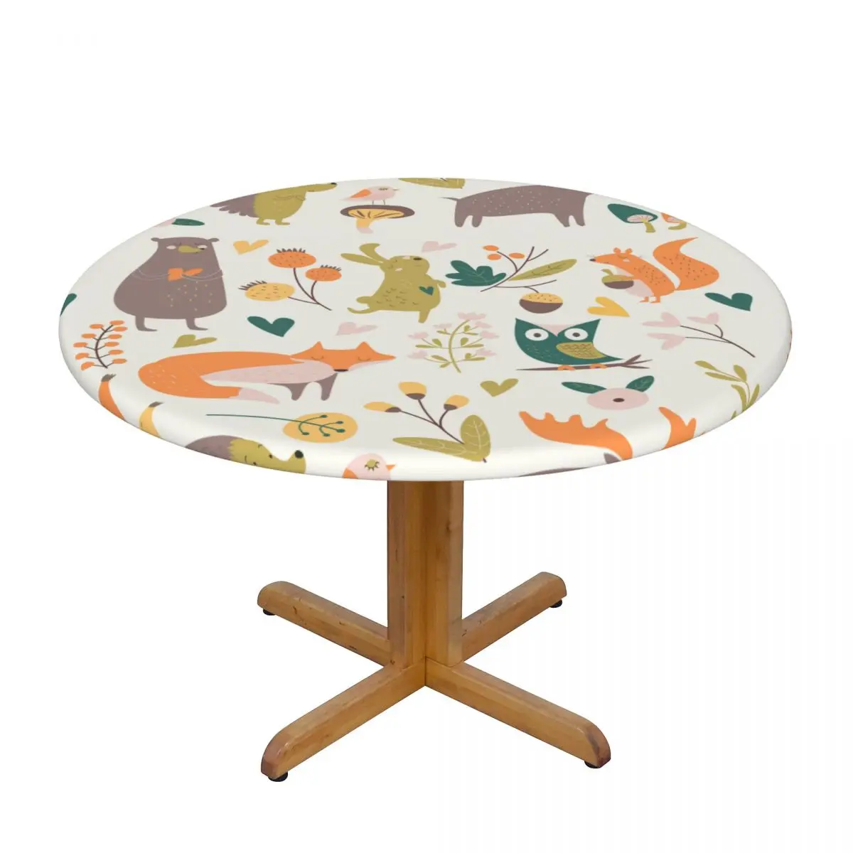 

Round Table Cover Cloth Protector Polyester Tablecloth Cute Forest Animals Art Fitted Table Cover with Elastic Edged