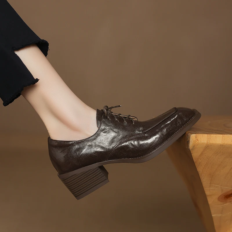 Женские туфли дерби с квадратным носком на шнуровке из натуральной кожи