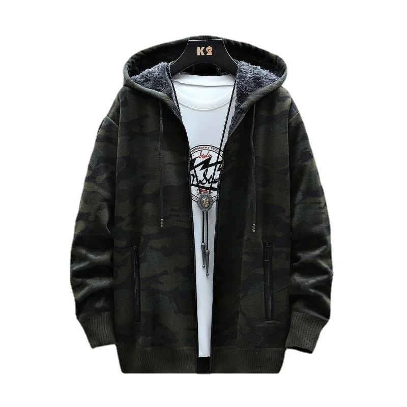 

2022 trend Winter Men's Fleece Sweater Cardigan Camouflage Jacket Slim Trendy Hooded Jacket