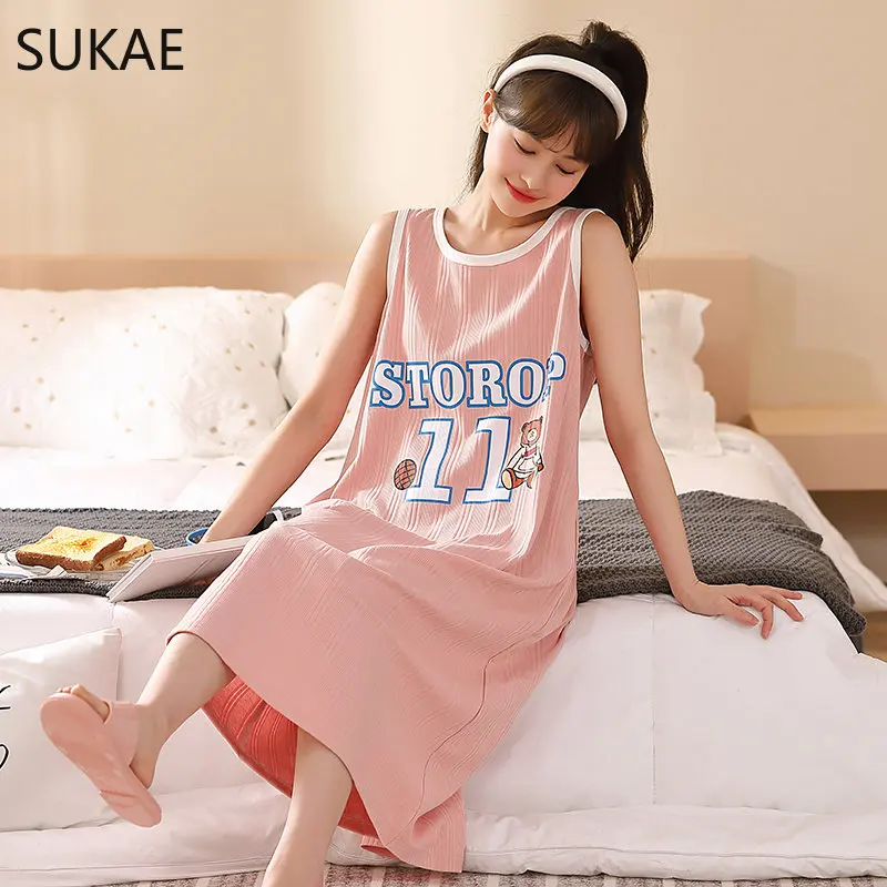 SUKAE M-3XL Summer Cotton Nightdress Women Clothing Sleeveless Cartoon Cool Sleepshirt Lady Dress Nightgown Pink Dressing Pijama