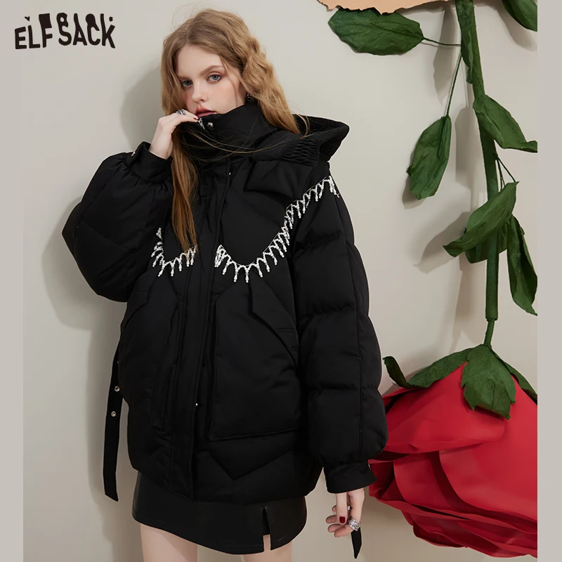ELFSACK Black Warm Down Coats Women 2022 Winter New Loose Designed Jackets