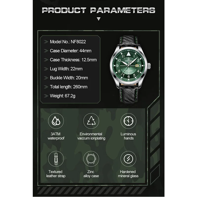 Часы наручные NAVIFORCE Мужские кварцевые брендовые светящиеся водонепроницаемые в
