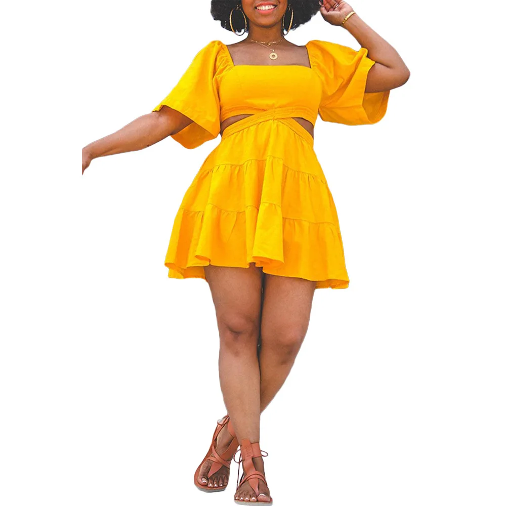 

Женское короткое платье с квадратным вырезом, летнее однотонное платье в африканском стиле с оборками