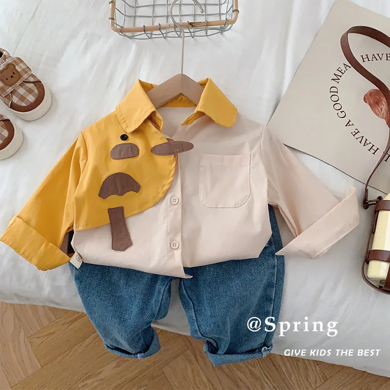 

Sweet Children And Fashionable Patchwork Spring Autumn New Cute Cartoon Shirt Coat Style Kids Clothing 2023 Korean Shirt Top