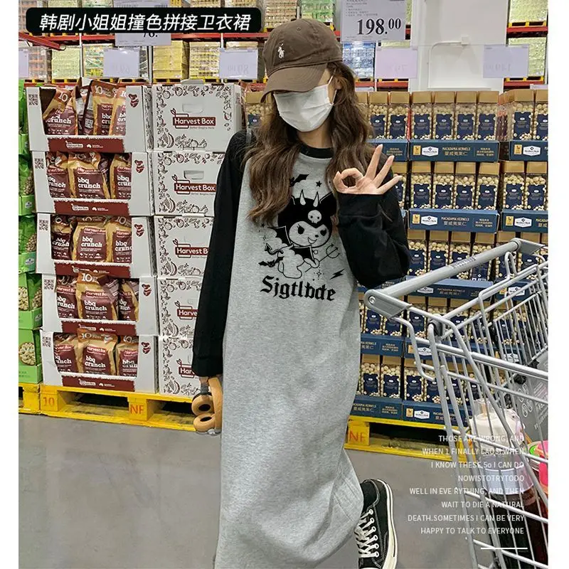 

Мультяшное платье Kuromi Sanrio с длинными рукавами, модная удобная Пижама, весенний однотонный тонкий милый красивый черный домашний костюм Ummer