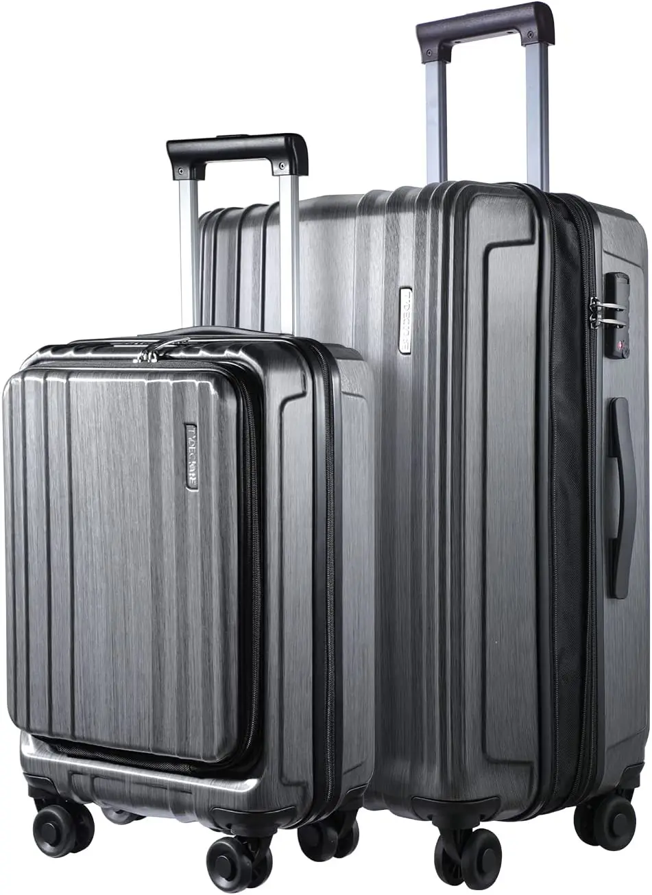 Set 2 Piece 20/24 Front Laptop Pocket & Expandable Abs+pc Lightweight Hardshell Spinner Wheels Tsa Lock Ykk Zipper Grey