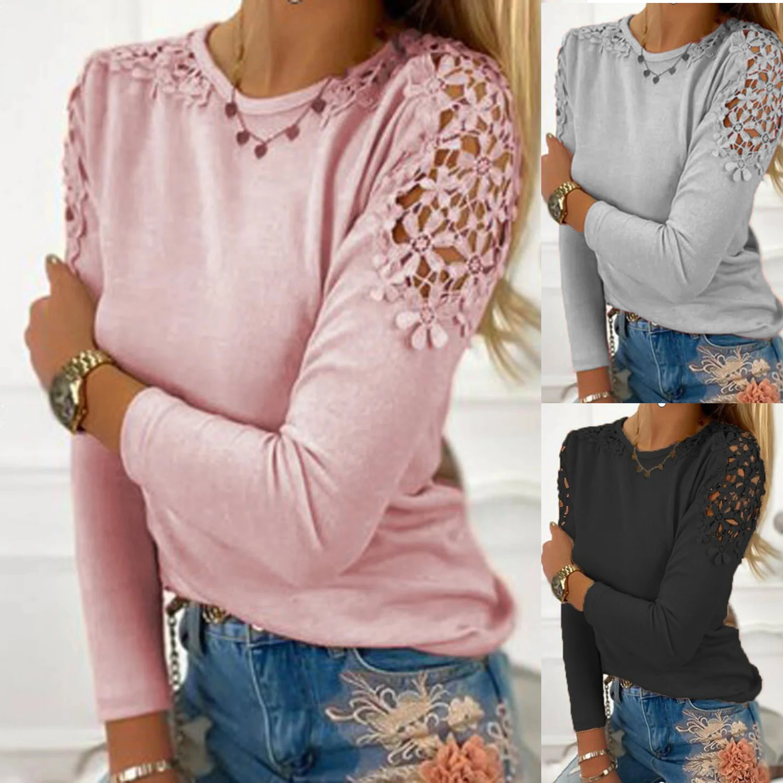 Women  Fashion Long Sleeves Slim Lace Hollow T-Shirt Soft and Comfortable Thin Loose Tops Crew Neck Pullover Bottoming Shirt