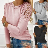 fashion womens long sleeves pure color slim lace hollow t shirt soft and comfortable thin loose tops