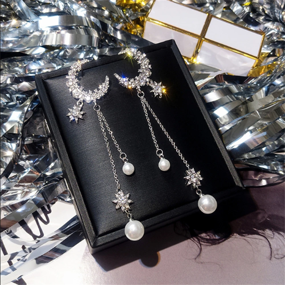 

Exquisite Star Moon Long Tassel Pearls Drop Earrings for Women Korean Fashion Full Rhinestone Flower Earring Sexy Party Jewelry